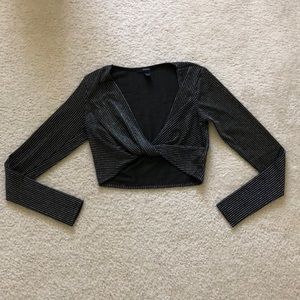 long-sleeve V-neck sparkle black top